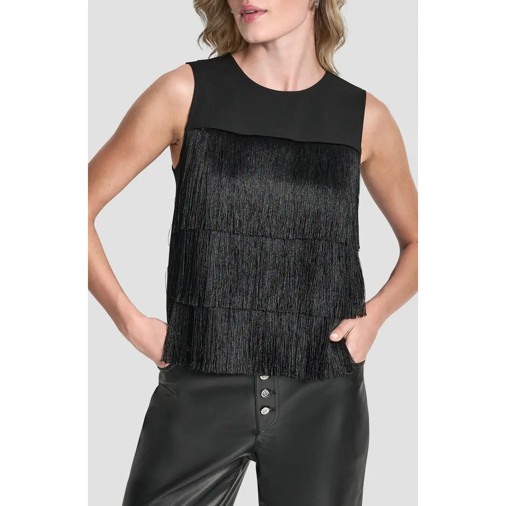 DKNY Tiered Fringe Top in Black at Nordstrom, Size Large | Nordstrom