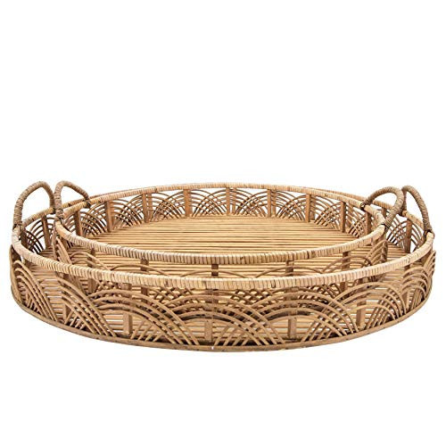 Sagebrook Home Handwoven Rattan Tray Set – Round Bamboo Wood Serving & Decorative Trays with Handles, 24” & 30” – Rustic Brown Woven Organizer for Home, Office, Living Room & Bedroom | Amazon (US)