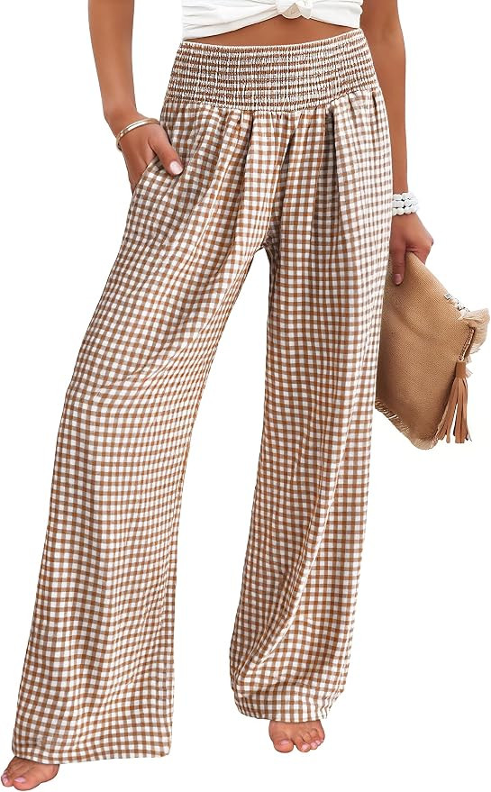 ANRABESS Womens Striped Gingham Wide Leg Palazzo Pants with Pockets | Amazon (US)