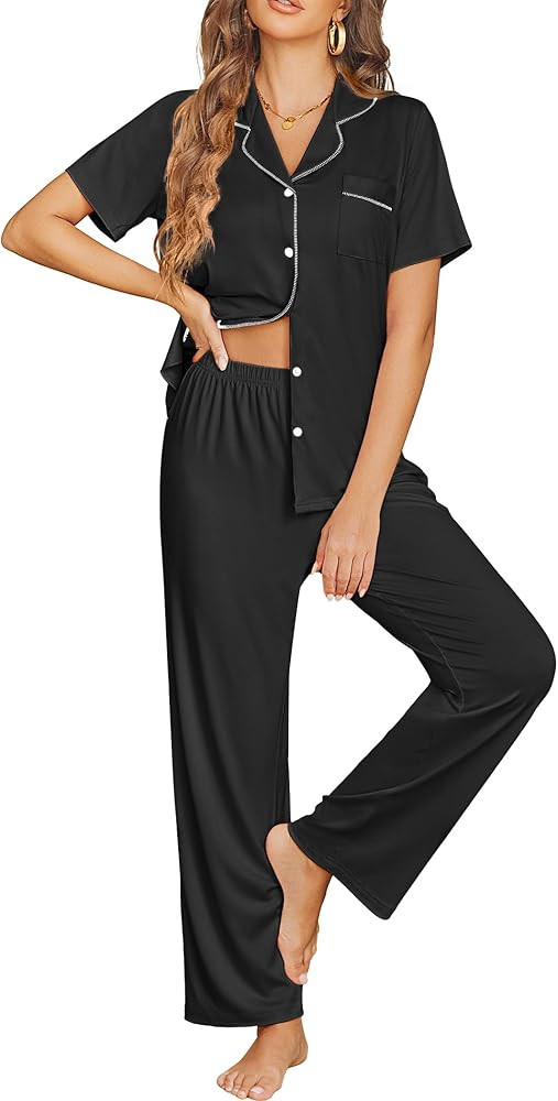 Ekouaer Womens Pajama Sets Button Down Pjs Lounge Sets 2 Piece Short Sleeve Sleepwear Soft Comfy ... | Amazon (US)