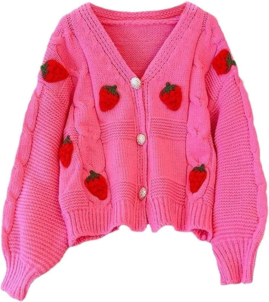 Xunger Women’s Cute Strawberry Knit Sweater Aesthetic Kawaii Cardigan for Teen Girls Y2K Floral... | Amazon (US)