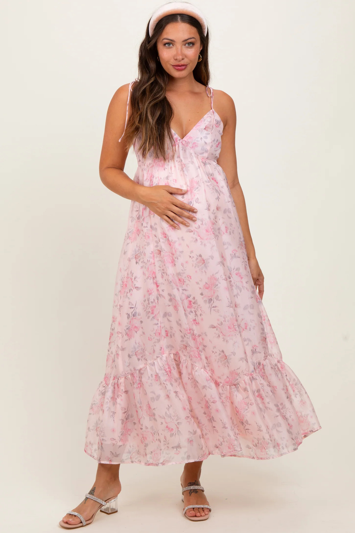 Pink Floral Satin Ruffle Hem Maternity Maxi Dress | PinkBlush Maternity