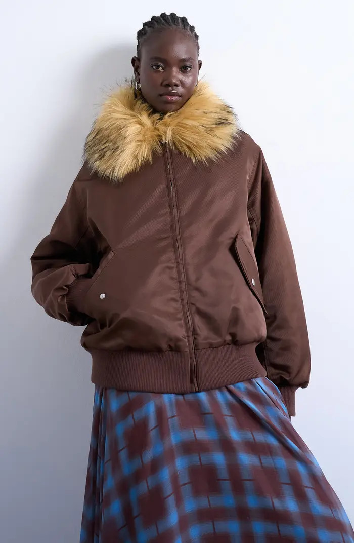 Nylon Bomber Jacket with Faux Fur Collar | Nordstrom Rack