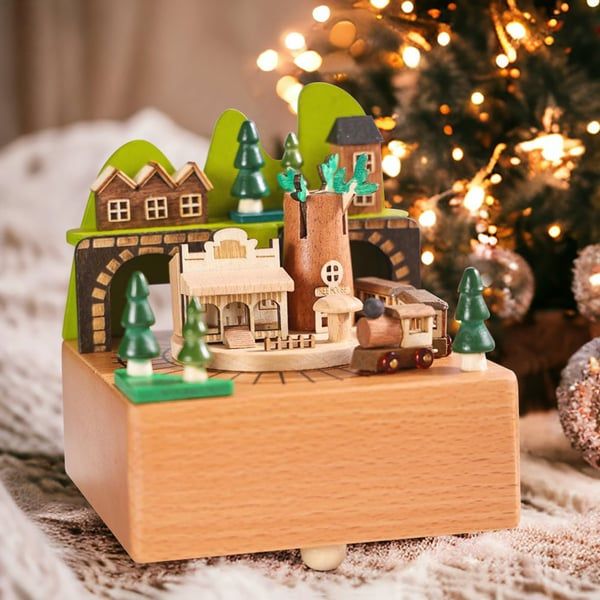 Wooden Music Box Carousel Rotating Train Castle in The Sky Music Box | Homary
