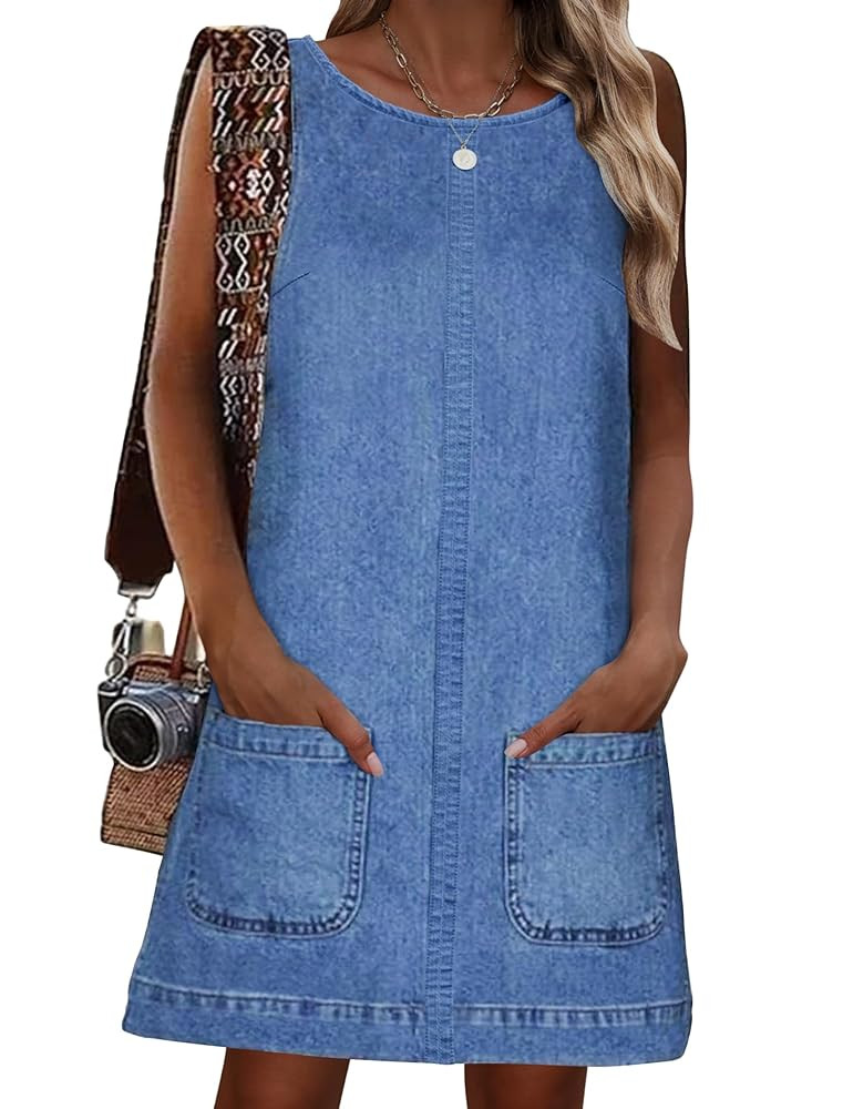 Womens Sleeveless Casual Denim Dress - Summer Crewneck Vintage Loose Jean Romper Overall Dress wi... | Amazon (US)