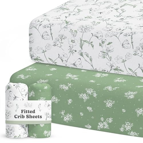 Crib Sheets Neutral - Fitted Baby Crib Sheets Bed for Girl Boy - 2 Pack Standard & Toddler Mattress (Butterfly Garden) - Buttery Soft Organic Cotton Blend | Amazon (US)