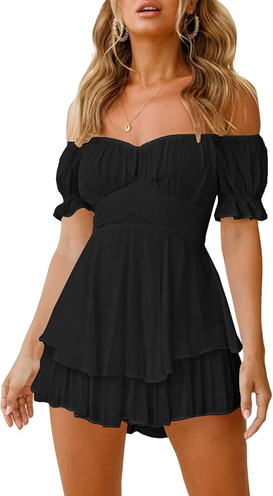 Fixmatti Women Boho Romper Off Shoulder Ruffle Chiffon Shorts Jumpsuit Playsuits | Amazon (US)