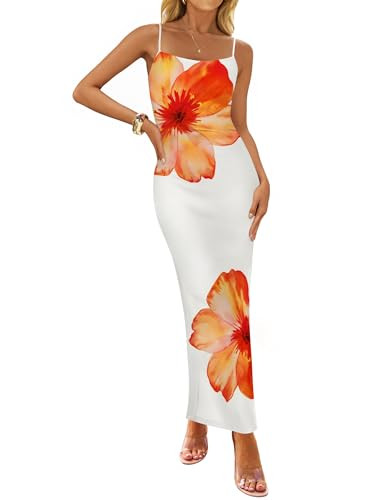 ZESICA Women’s Summer Bodycon Maxi Dresses 2025 Floral Spaghetti Strap Square Neck Sleeveless Boho Beach Long Dresses,Orange,Large | Amazon (US)