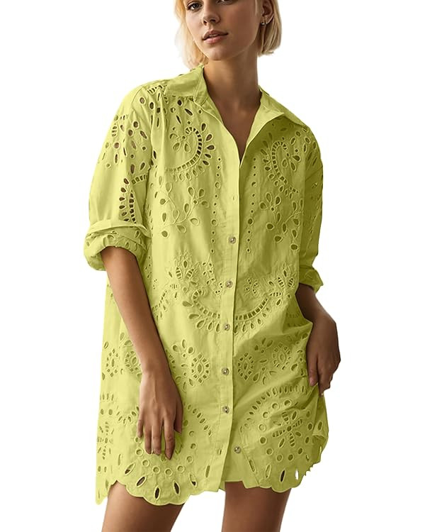 Women Hollow Out Eyelet Button Down Lapel V Neck Long Sleeve Ruffle Flowy Solid Oversized Loose M... | Amazon (US)