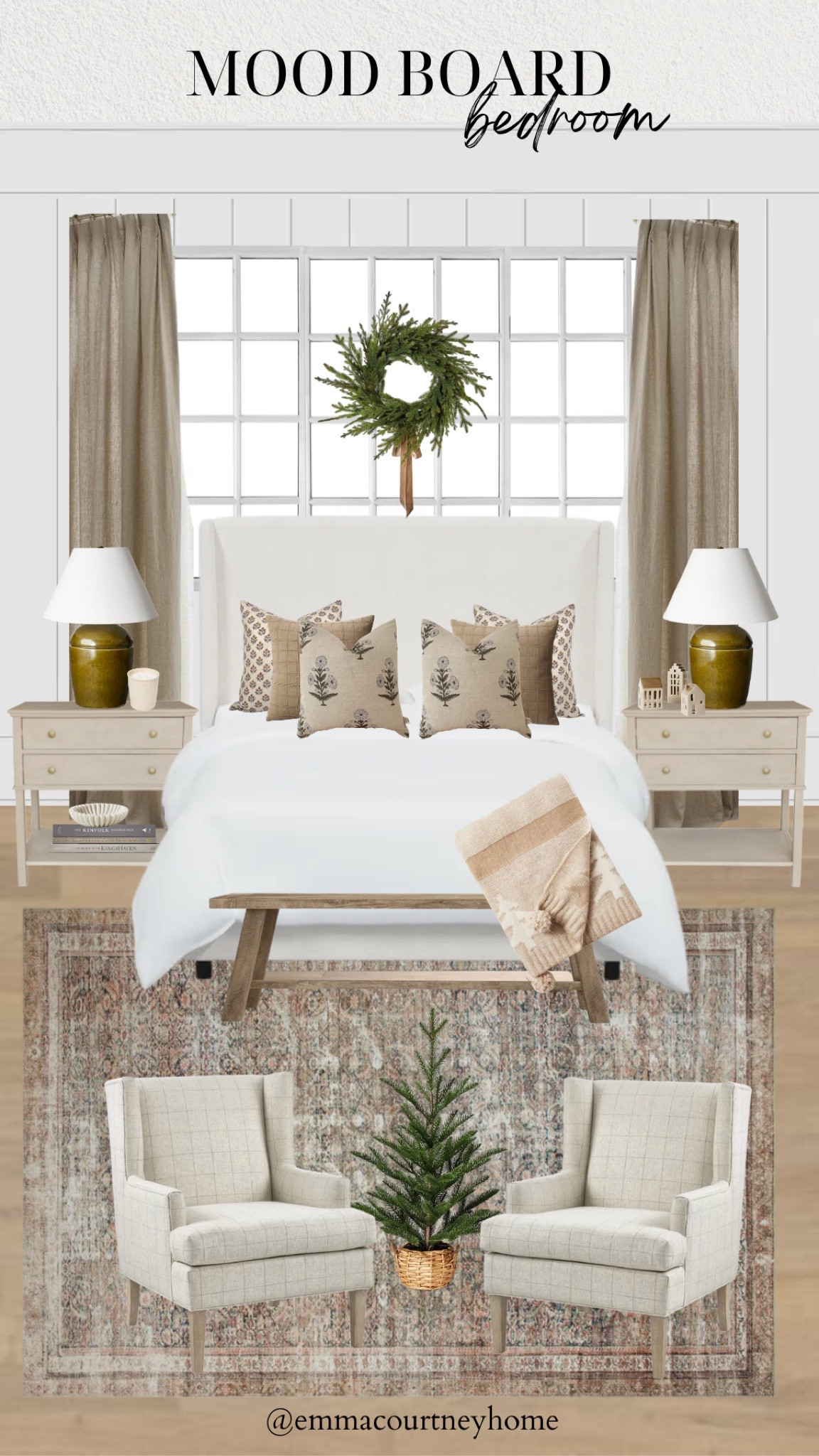 Neutral green bedroom mood board with a lovely loloi rug and the popular wayfair upholstered bed all decorated for Christmas with target decor! 

#LTKHoliday #LTKstyletip #LTKhome