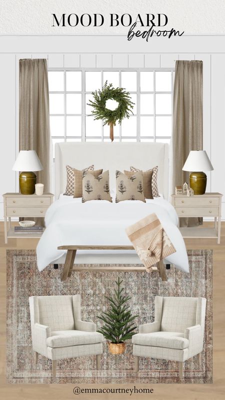 Neutral green bedroom mood board with a lovely loloi rug and the popular wayfair upholstered bed all decorated for Christmas with target decor! 

#LTKHoliday #LTKstyletip #LTKhome