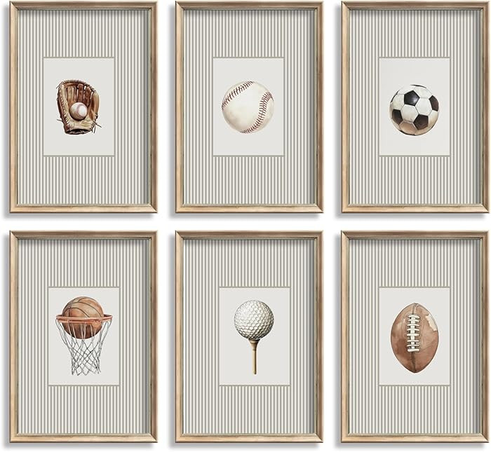 6Pcs Vintage Children's Sports Wall Art Kids Striped Wall Decor Football Baseball Basketball Socc... | Amazon (US)