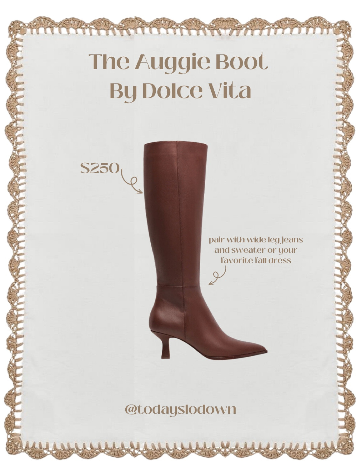 THE PERFECT FALL BOOT! I’m in love. Mine comes tomorrow! Yay! I love this look paired with jeans and chunky sweater or your favorite fall dress. So chic. 
#fallfashion#brownboots #dolcevita #fallboots #fallshoes #winterboots #auggieboot 


#LTKshoecrush #LTKSeasonal #LTKFind