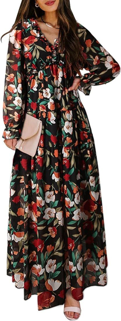Womens Casual Floral Deep V Neck Long Sleeve Long Evening Dress Cocktail Party Maxi Wedding Dress... | Amazon (US)
