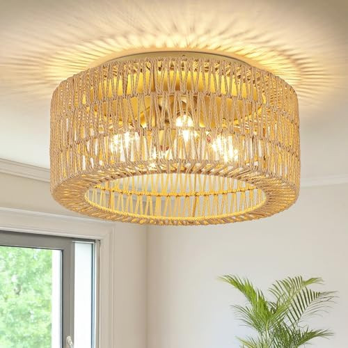 Rattan Light Fixtures Ceiling Mount,4-Lights Boho Flush Mount Ceiling Light with Hand-Woven Shade... | Amazon (US)