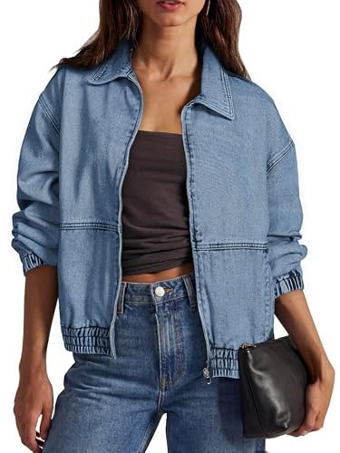 Glamaker Womens Oversized Jean Jacket Casual Turn Down Zip Up Long Sleeve Denim Jacket with Pockets Trendy Outfits Overcoat (Blue L) | Amazon (US)