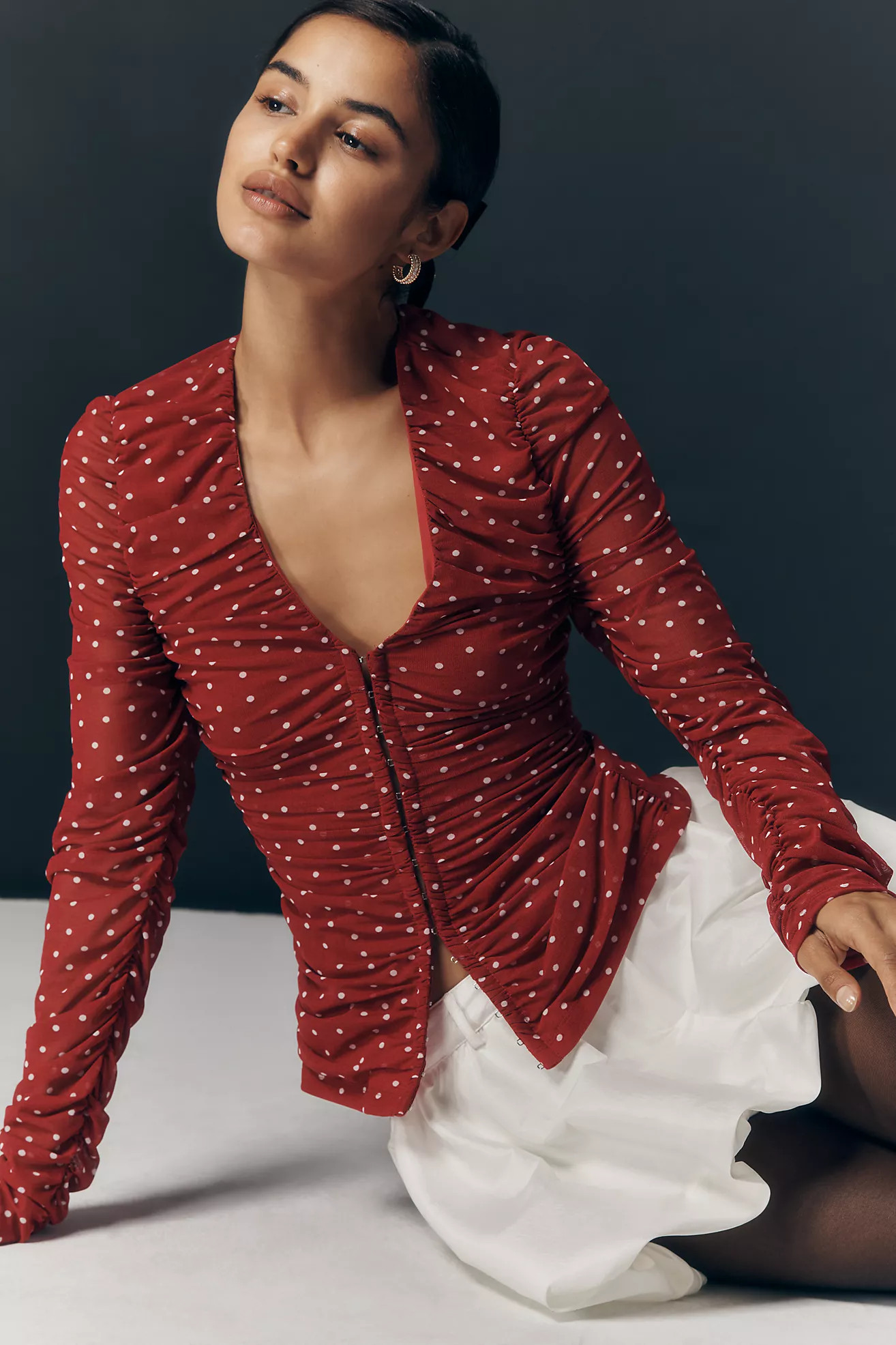 Maeve Ruched Long-Sleeve V-Neck Top | Anthropologie (US)