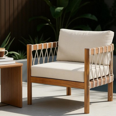 Christopher Knight Home Adalyn Outdoor Chair Acacia Wood with Beige Cushions and Rope Weave, Single | Target