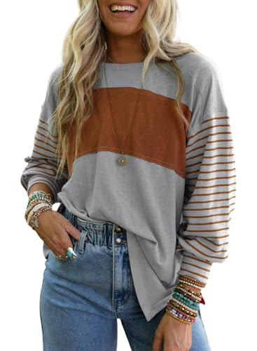 Dokotoo Long Sleeve Tops Oversized 2025 Trendy Round Crew Neck Casual Color Block Womens Shirts B... | Amazon (US)