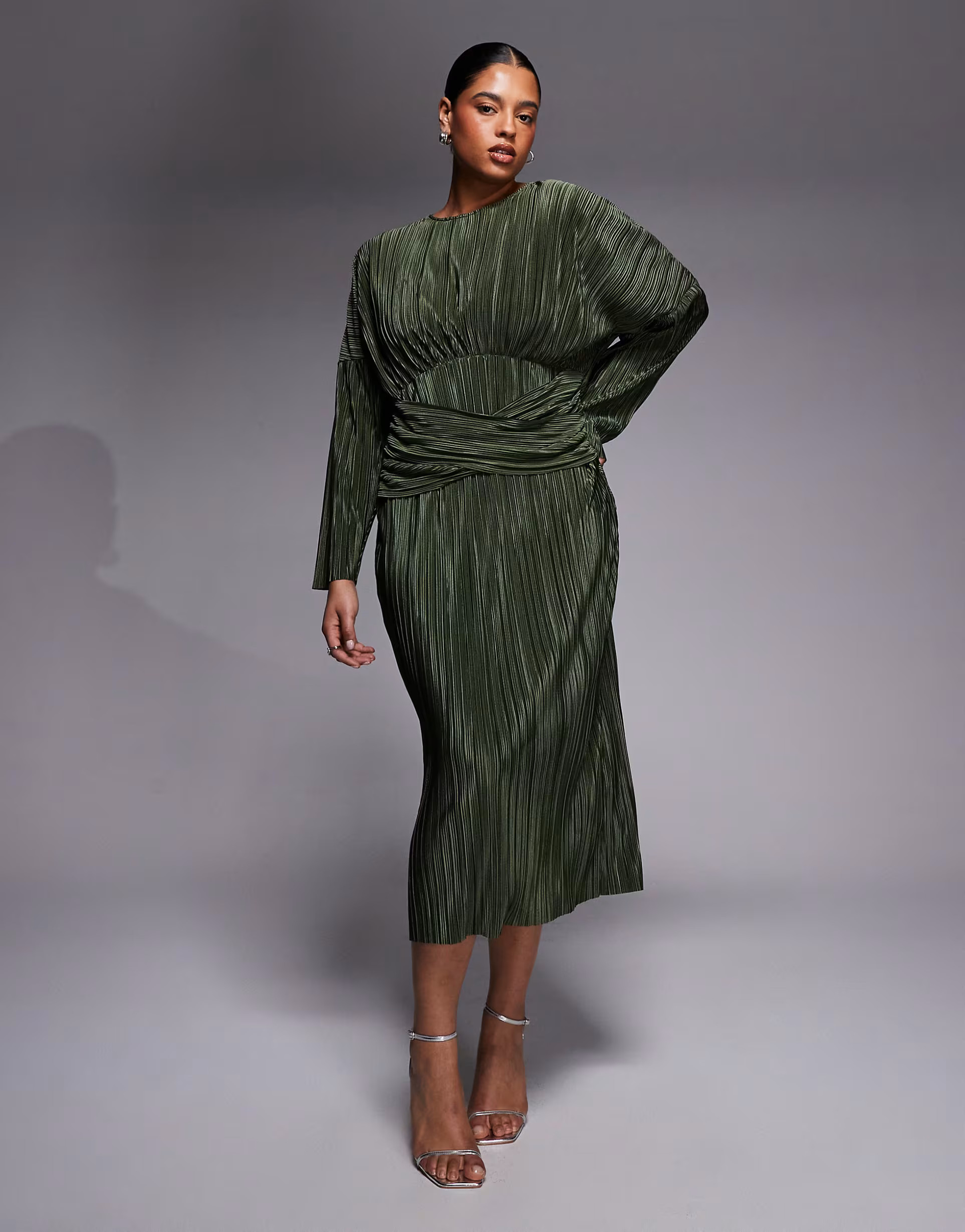 ASOS DESIGN Curve plissé long sleeve draped waist midi dress in khaki green | ASOS (Global)