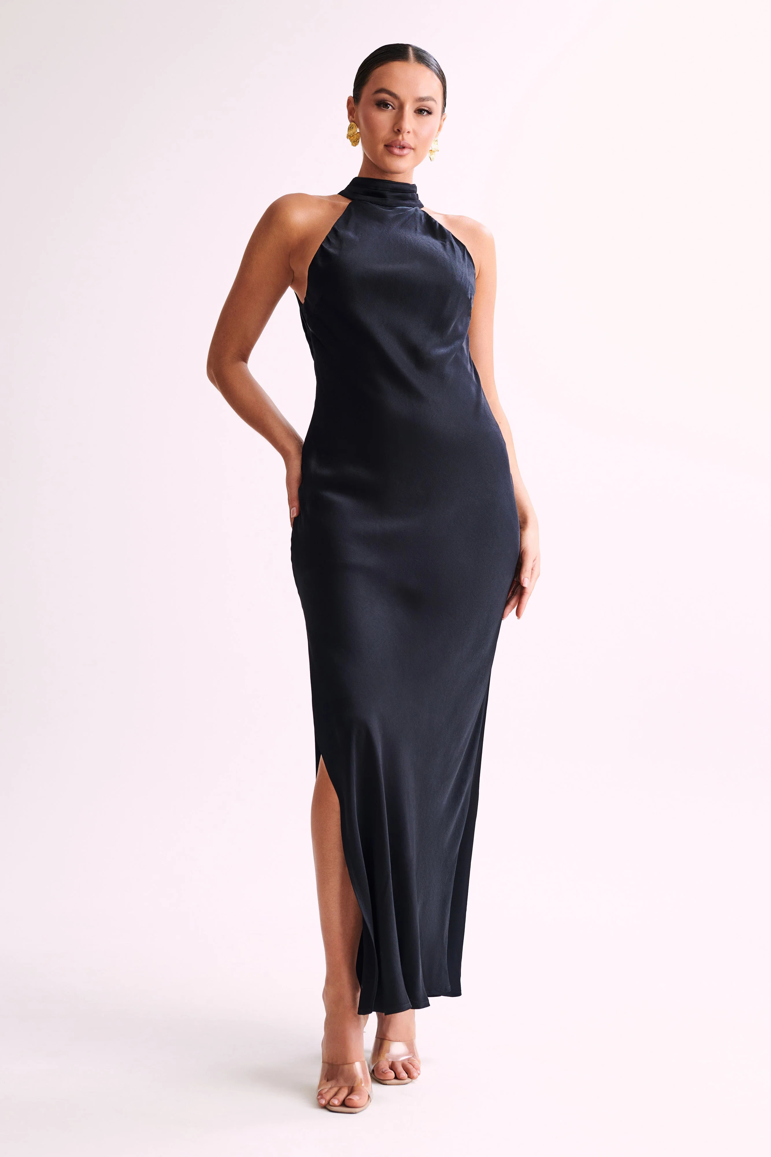 Claire Satin Drape Back Maxi Dress with Split - Black | MESHKI US