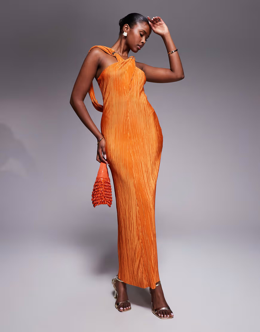 ASOS DESIGN plisse cross front maxi dress with draped back in orange | ASOS (Global)