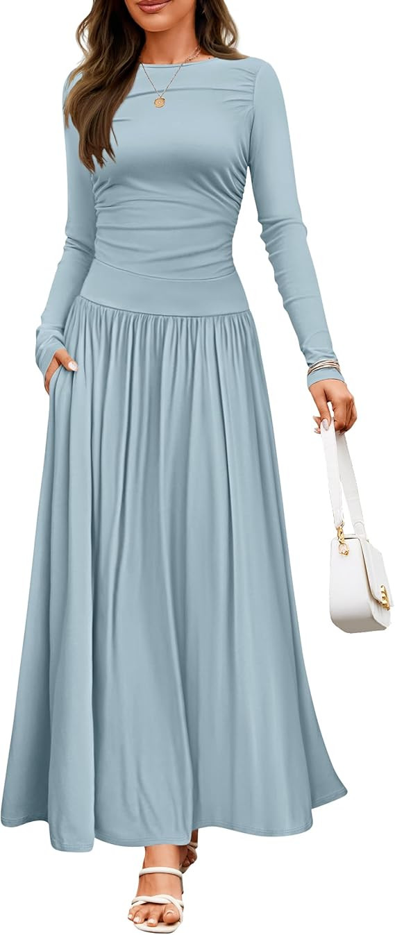 ZESICA Women's Long Sleeve Spring Maxi Dress 2025 Crewneck Knit Casual Slim Swing Pleated Dresses... | Amazon (US)