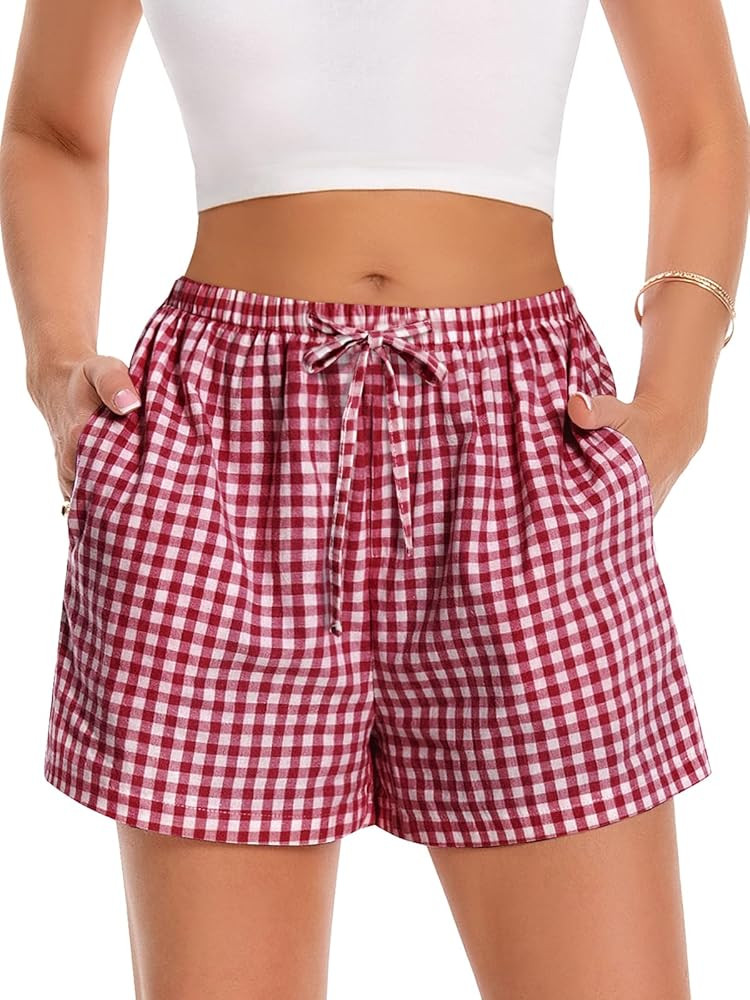 Women Boxer Shorts Comfy Gingham Drawstring Pajama Bottom Plaid 2026 Summer Casual Pants with Poc... | Amazon (US)