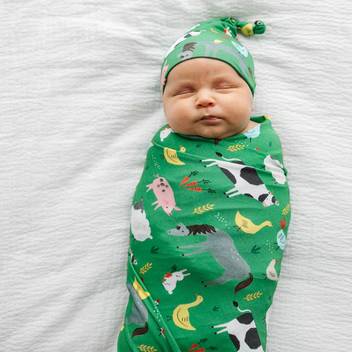 Green Farm Animals Swaddle & Hat Set | Little Sleepies