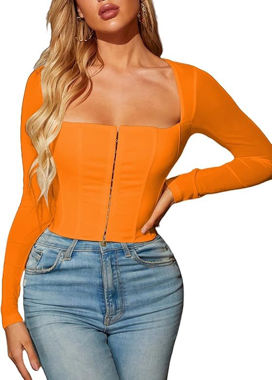 Remidoo Women's Sexy Square Neck Mesh Long Sleeve Bustier Corset Crop Top Clubwear | Amazon (US)