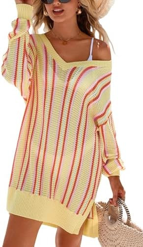 Arach&Cloz Women's Linen Blend Summer Swim Suit Cover Up V Neck Crochet Dress Striped Beach Vacat... | Amazon (US)