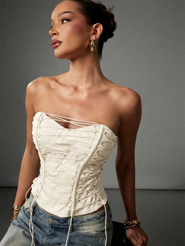 Hauture Women's Mocha Brown Cross Tie Front Sexy Going Out Bustier Top | SHEIN