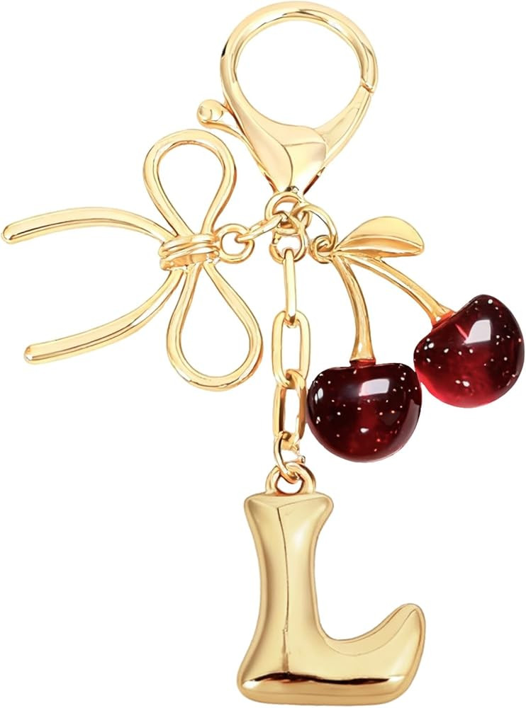 Snycler Bubble Initial Keychain with Bow & Cherry - Gold Letter Bag Charms for Women, Cute Purse ... | Amazon (US)