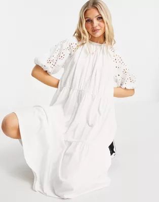 ASOS DESIGN midi dress with gathered neck and embroidered cut out detail and tiered hem in white | ASOS (Global)