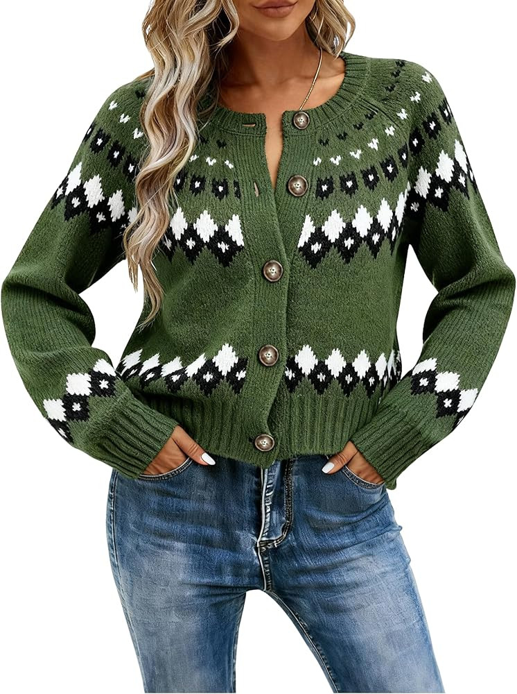 EMMIOL Womens Fair Isle Sweater Cropped Button Up Long Sleeve Cardigans Crewneck Knit Sweater Coa... | Amazon (US)