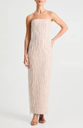 HELSI Ramona Fringe Embellished Strapless Column Gown in Off White/Beige at Nordstrom Rack, Size Medium | Nordstrom Rack
