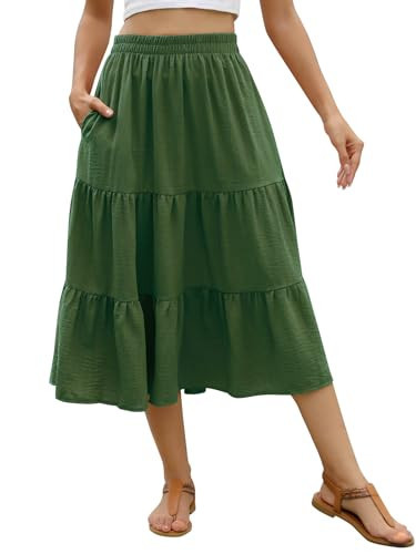 Lyrur Green Skirt for Woman A Line Ruffle Flowy Casual Long Skirts with Pockets (L,9193-Army Green) | Amazon (US)