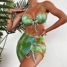 Tie Dye Print Drawstring Halter Bikini Swimsuit With Beach Skirt | SHEIN