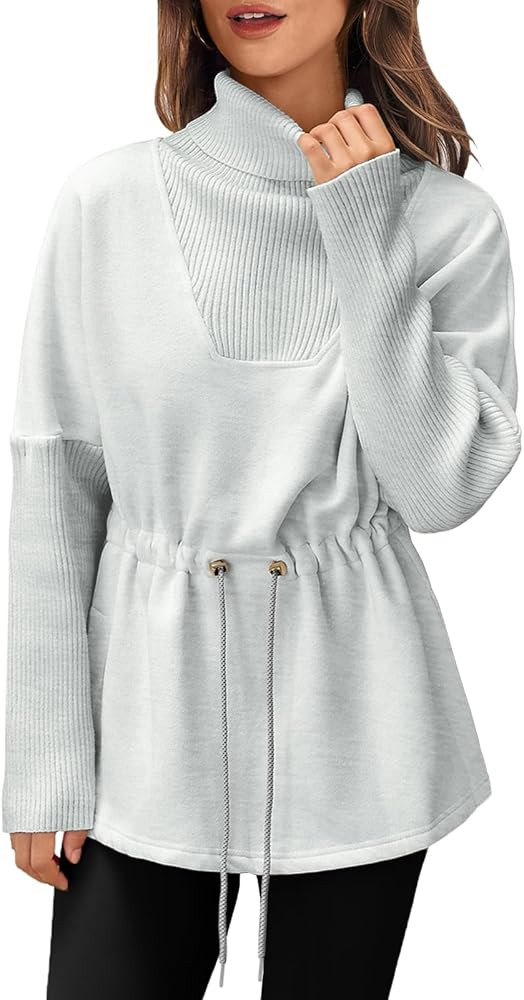 Fisoew Women's Turtleneck Sweatshirts Fleece Drawstring Waist Casual Long Sleeve Pullover Sweater... | Amazon (US)
