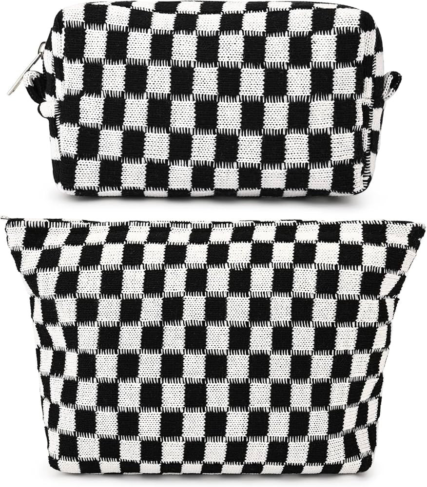 2 Pieces Makeup Bag Large Checkered Cosmetic Bag Black Capacity Canvas Travel Toiletry Bag Organi... | Amazon (US)