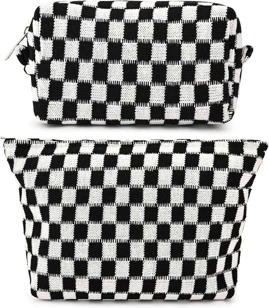 2 Pieces Makeup Bag Large Checkered Cosmetic Bag Black Capacity Canvas Travel Toiletry Bag Organi... | Amazon (US)