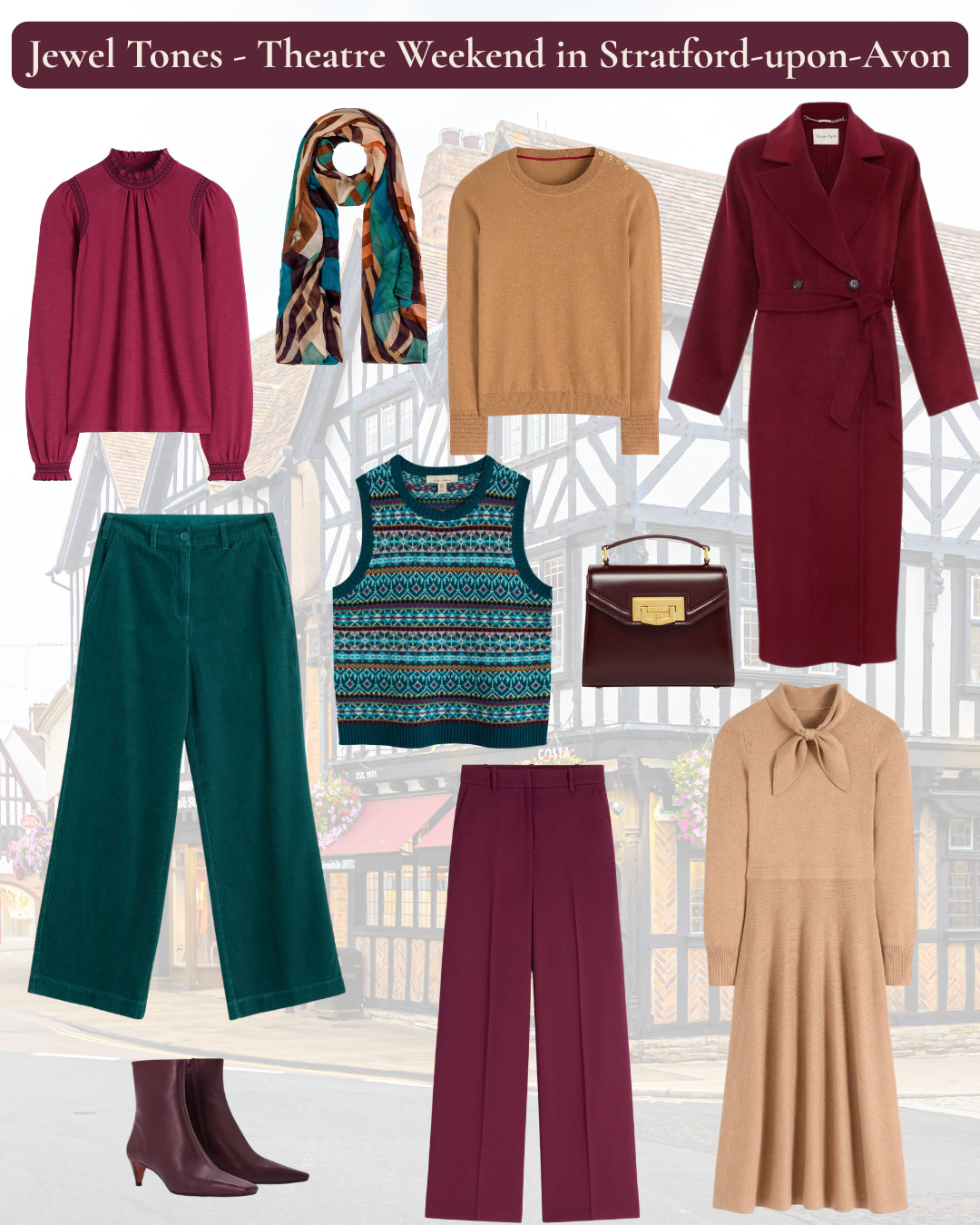 Travel edit - Winter jewel tones of burgundy and teal grounded with camel. Burgundy coat, trousers, boots and bag, teal cords and Fairisle knit vest, Camel knitted dress and jumper. 

 #LTKuk #LTKover50style #LTKstyletip