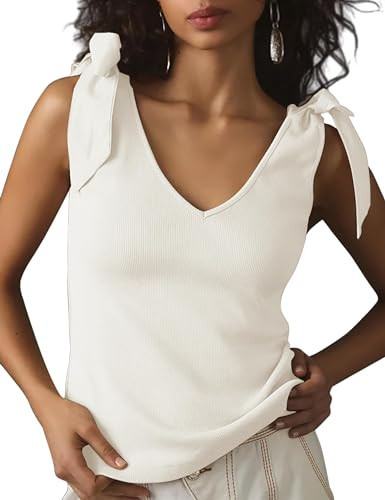 HOCANDY Womens Bow Tie Shoulder Strap Knit Tank Top Cute Slim Fit V Neck Tie Strap Tank Tops Sleeveless Camisoles White | Amazon (US)