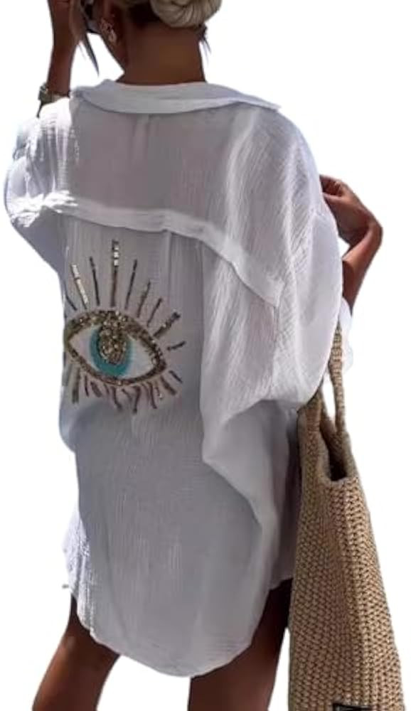 XPONNI Long Sleeve Linen Button Down Shirt Women Oversized Sequin Evil Eye Shirts Dress Beach Cov... | Amazon (US)
