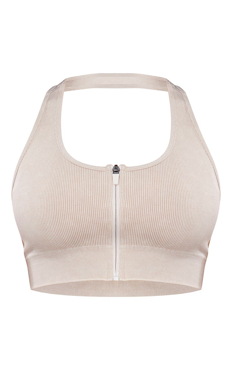 Oatmeal Acid Wash Seamless Zip Front Sports Bra | PrettyLittleThing US