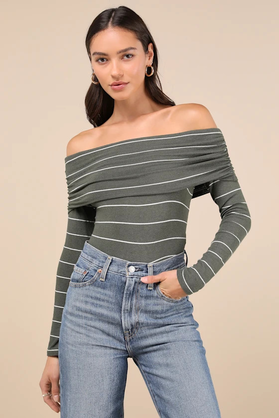 Sweetest Concept Olive Striped Off-the-Shoulder Sweater Top | Lulus