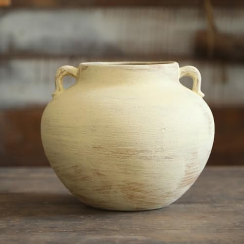 CozyWel Handmade Beige White Two-Ear Ceramic Vase, Textured Pottery Vase with Two Ears for Centerpieces, Kitchen, Living Room, Bedroom Decor Gifts (Beige White*, Short) | Amazon (US)