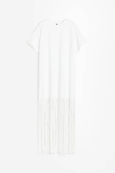 Fringe-trimmed T-shirt Dress - White - Ladies | H&M US | H&M (US + CA)