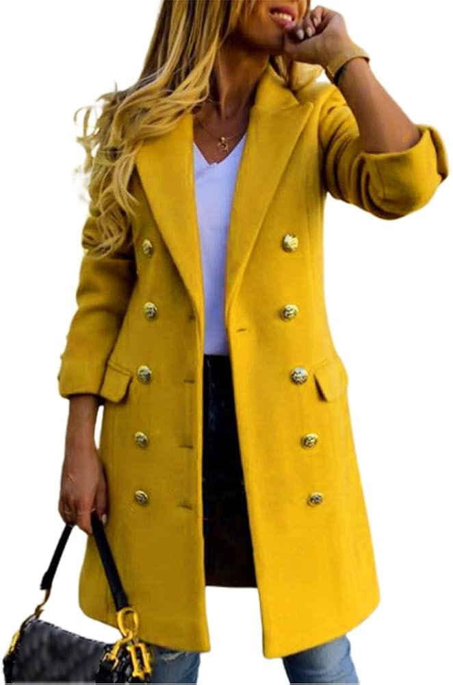 Women's Double Breasted Wool Coat Fall Winter Notched Lapel Midi Long Wool Peacoat Jacket | Amazon (US)