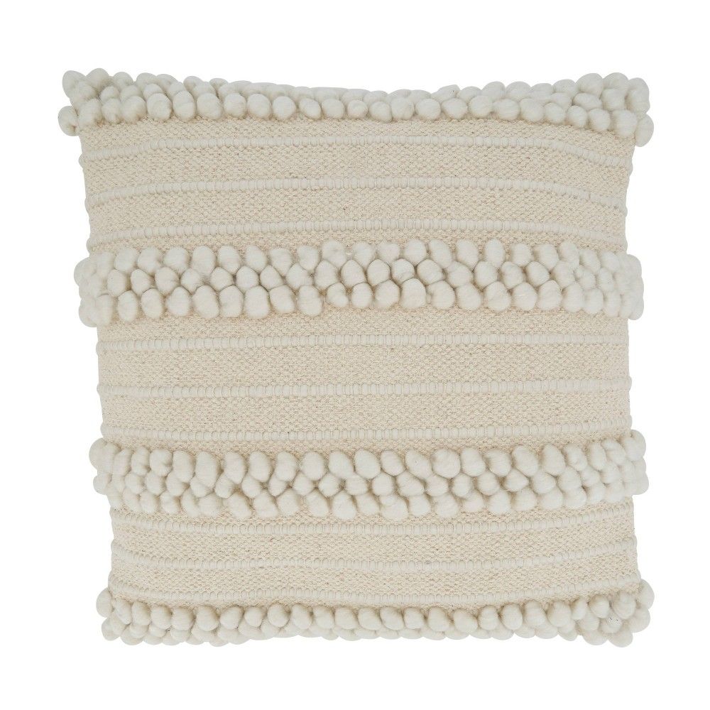 18""x18"" Striped Design with Pom-Poms Square Throw Pillow Cover Ivory - Saro Lifestyle | Target